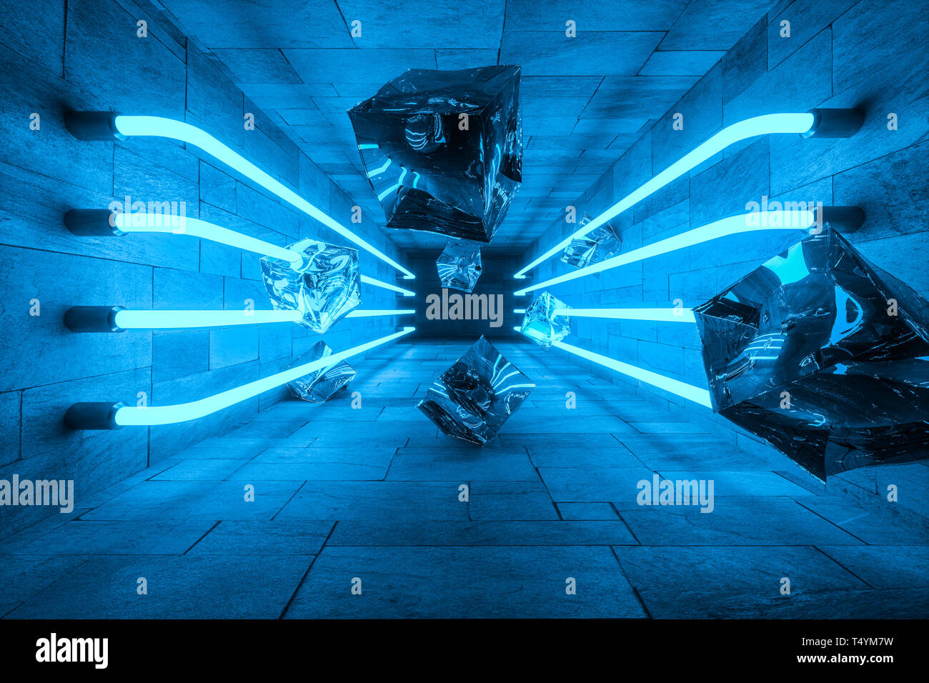 Magical Line 3d rendering, glowing magic lines in anbanoned room, dark background ...
