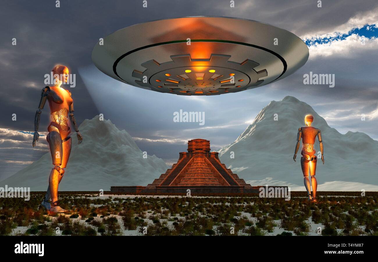 Aliens At The Site Of A Mayan Pyramid Stock Photo
