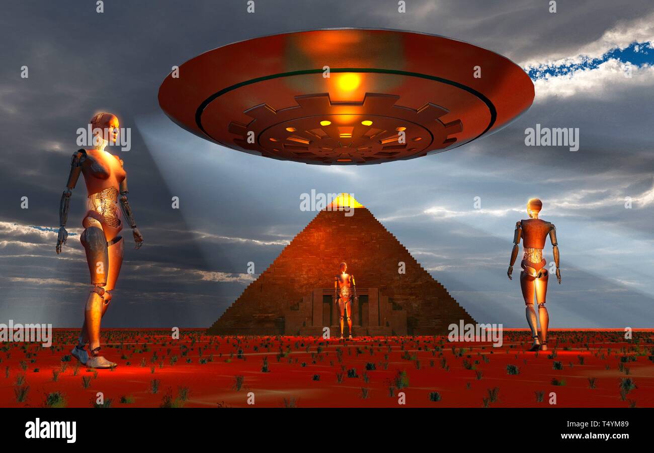 Aliens At The Site Of An Egyptian Pyramid Stock Photo