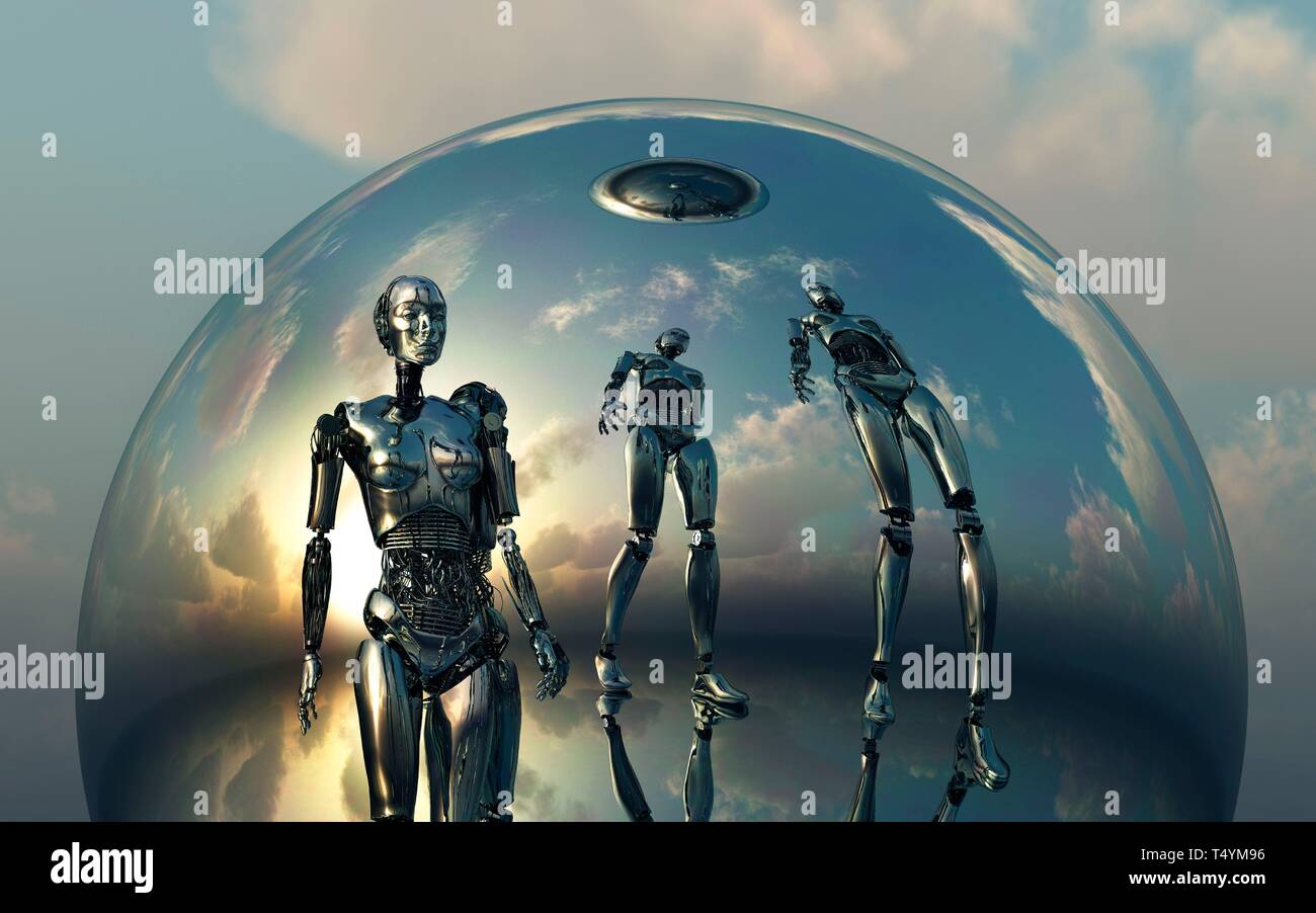 Android Robots Created With Independent Thinking Stock Photo