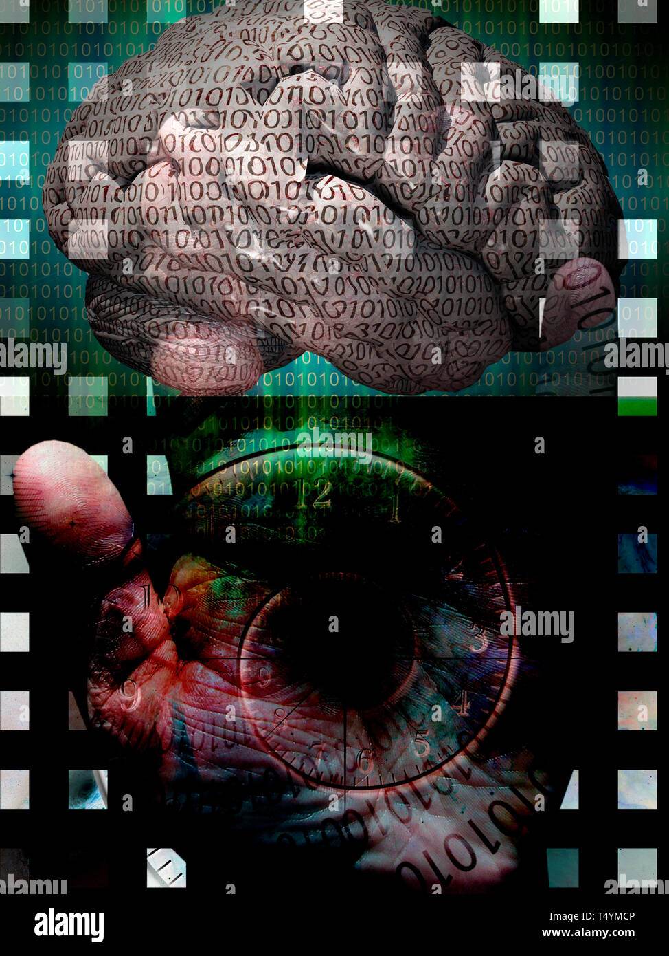 Human brain and hand with binary code, Time spiral. Stock Photo