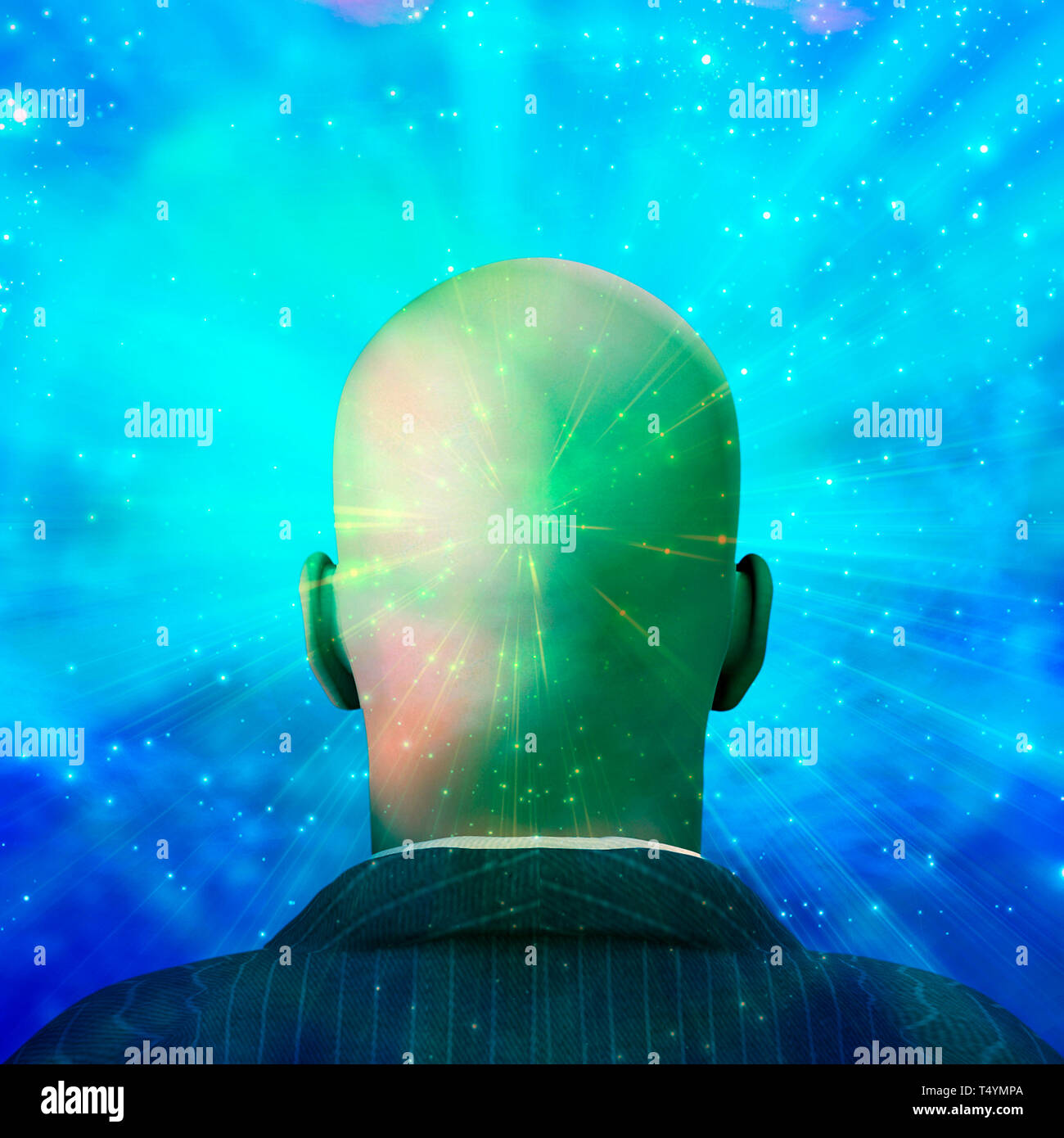 Bald man in suit, Shining light Stock Photo
