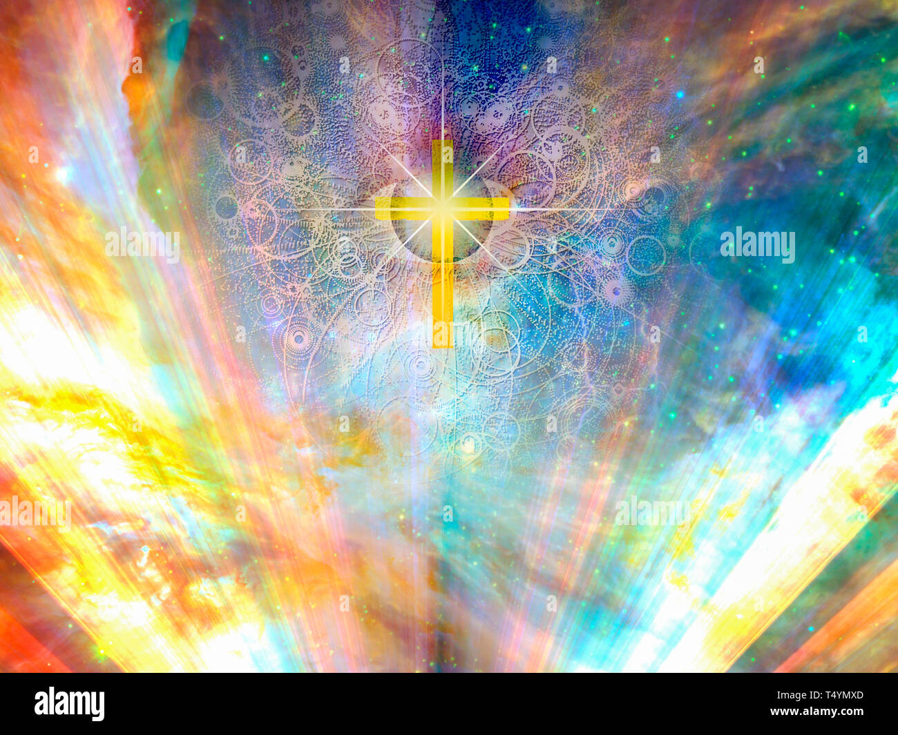 Golden cross in vivid sky and all seeing eye Stock Photo