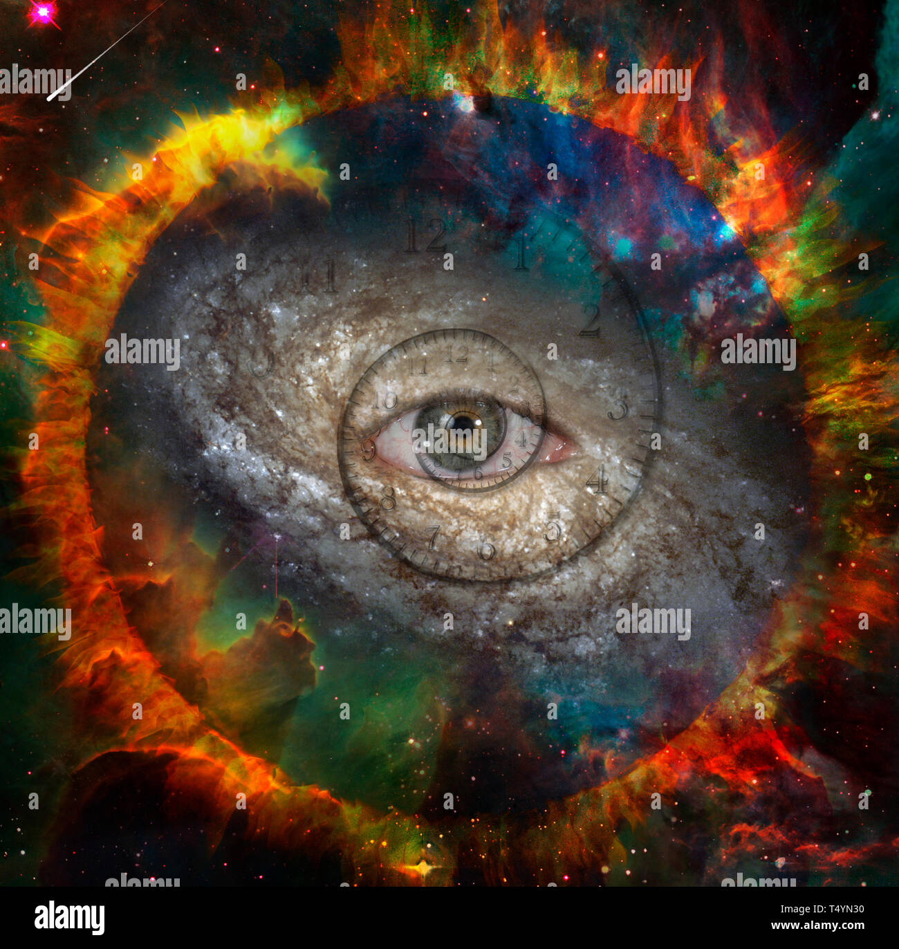 Eye of God in the center of galaxy, Time spirals and burning ring Stock Photo