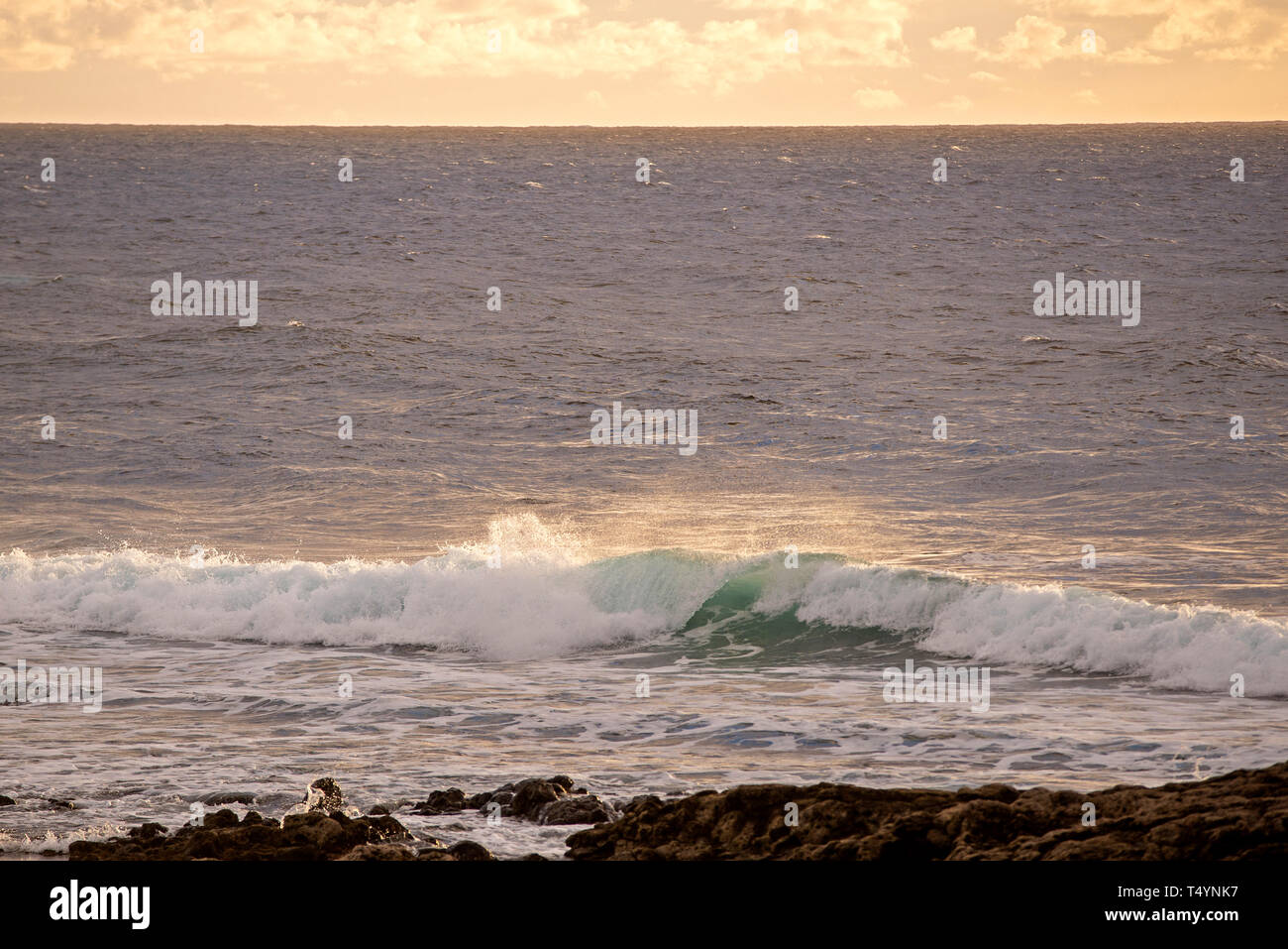 A big wave is crashing in the atlantic oecan near the island of Lanzarote during a beautiful sunset Stock Photo