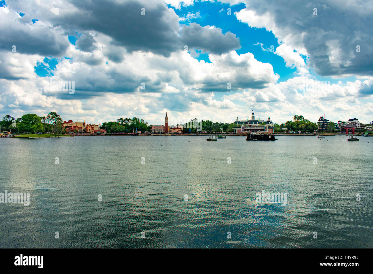 Orlando, Florida. April 02, 2019. Panoramic view of Epcot lake and Germany, Italy , The American Adventure and China Pavilions at Walt Disney World. Stock Photo