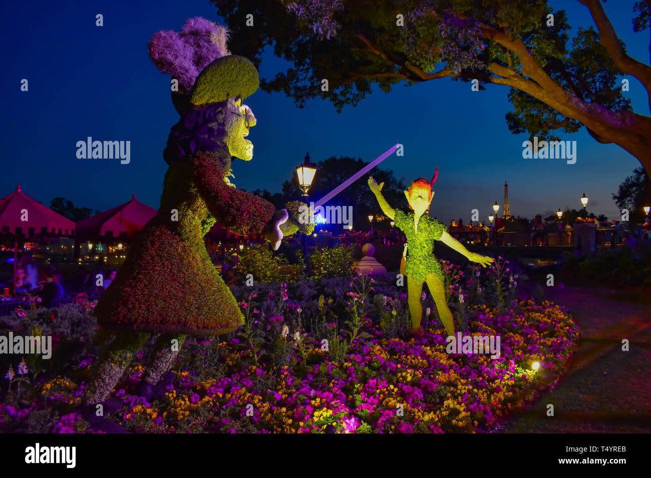 Orlando, Florida. March 19, 2019.  Peter Pan and Captain Hook topiaries in Epcot at Walt Disney World . Stock Photo