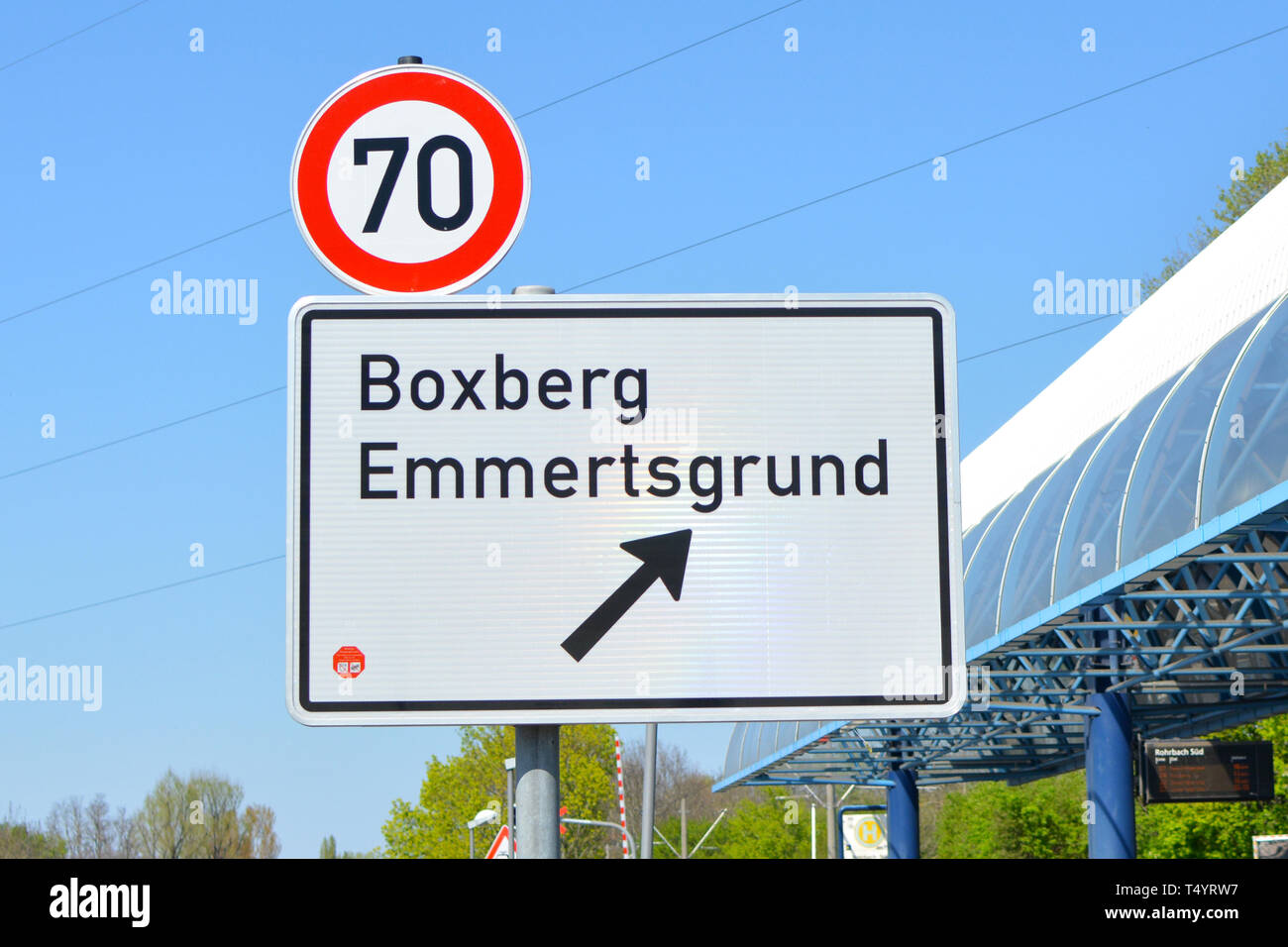 Road sign showing directions to city parts called Boxberg and