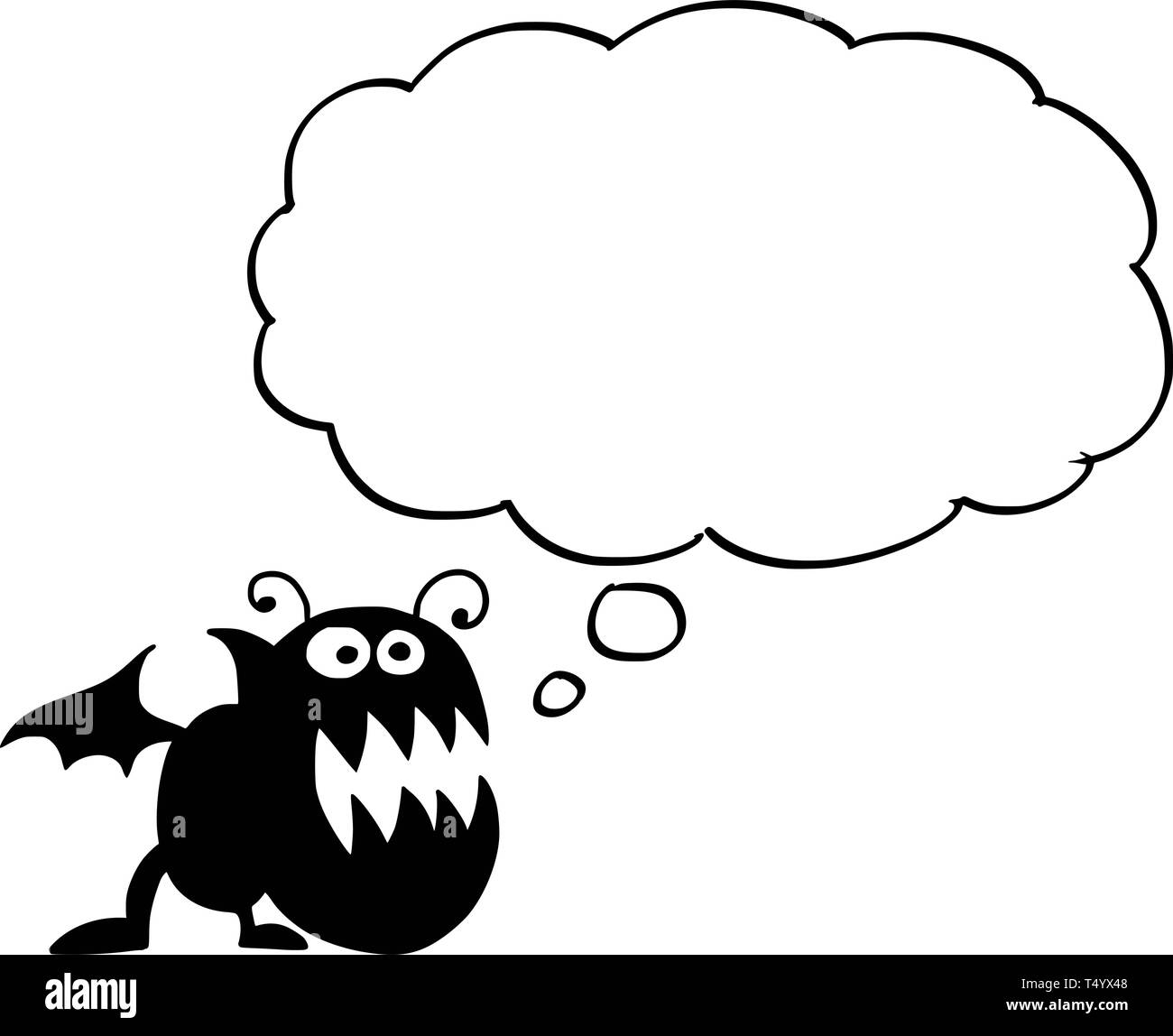 Cartoon drawing conceptual illustration of crazy flat black monster with empty text bubble or speech balloon ready for your text. Stock Vector