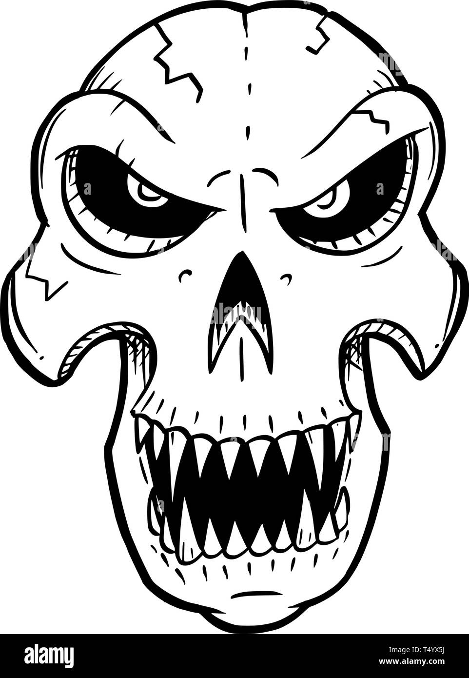 Cartoon drawing conceptual illustration of angry monster skull with sharp teeth looking front. Stock Vector
