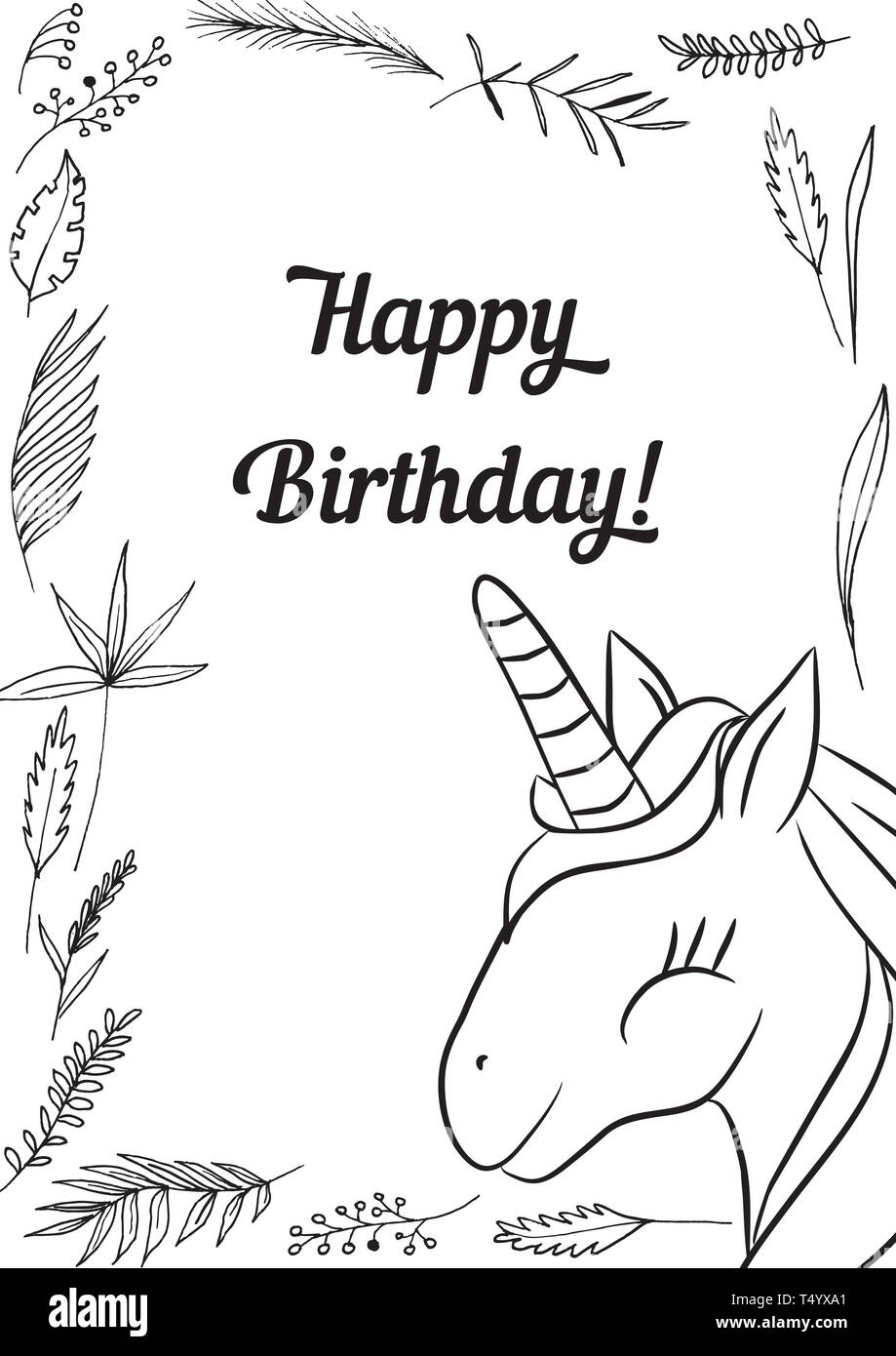 Illustration with cute mystic unicorn animal. Black and white ...