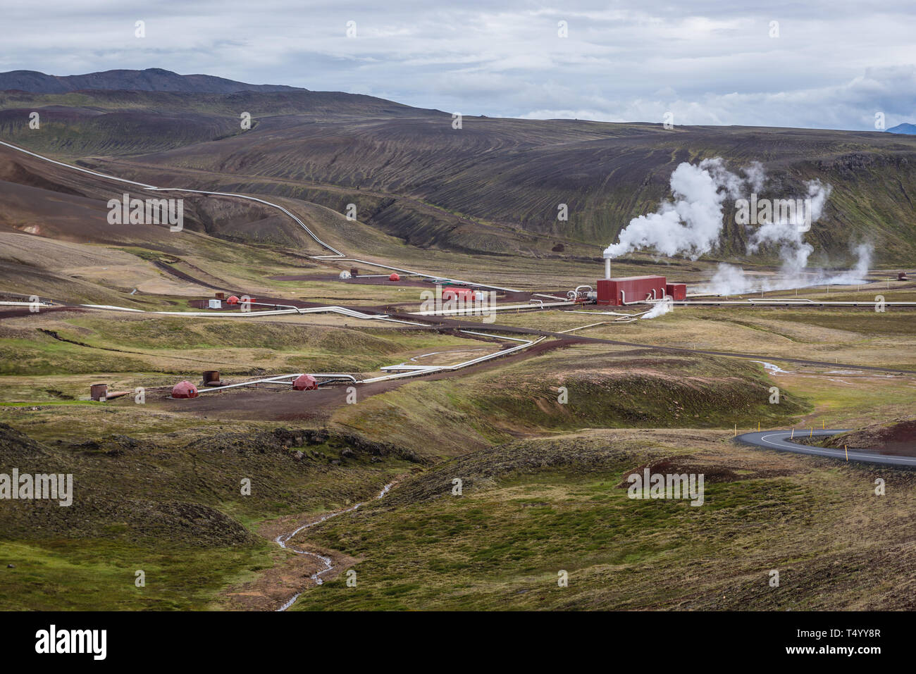 Aerial view on Kroflustod - Krafla geothermal power plant close to the Krafla Volcano in Iceland Stock Photo