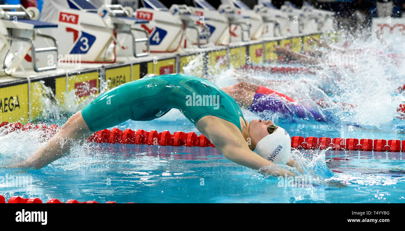 Polly Painter in lane 1 at the start of the Heat 3 of the Women's 200m Backstroke event during day four of the 2019 British Swimming Championships at Tollcross International Swimming Centre, Glasgow. Stock Photo