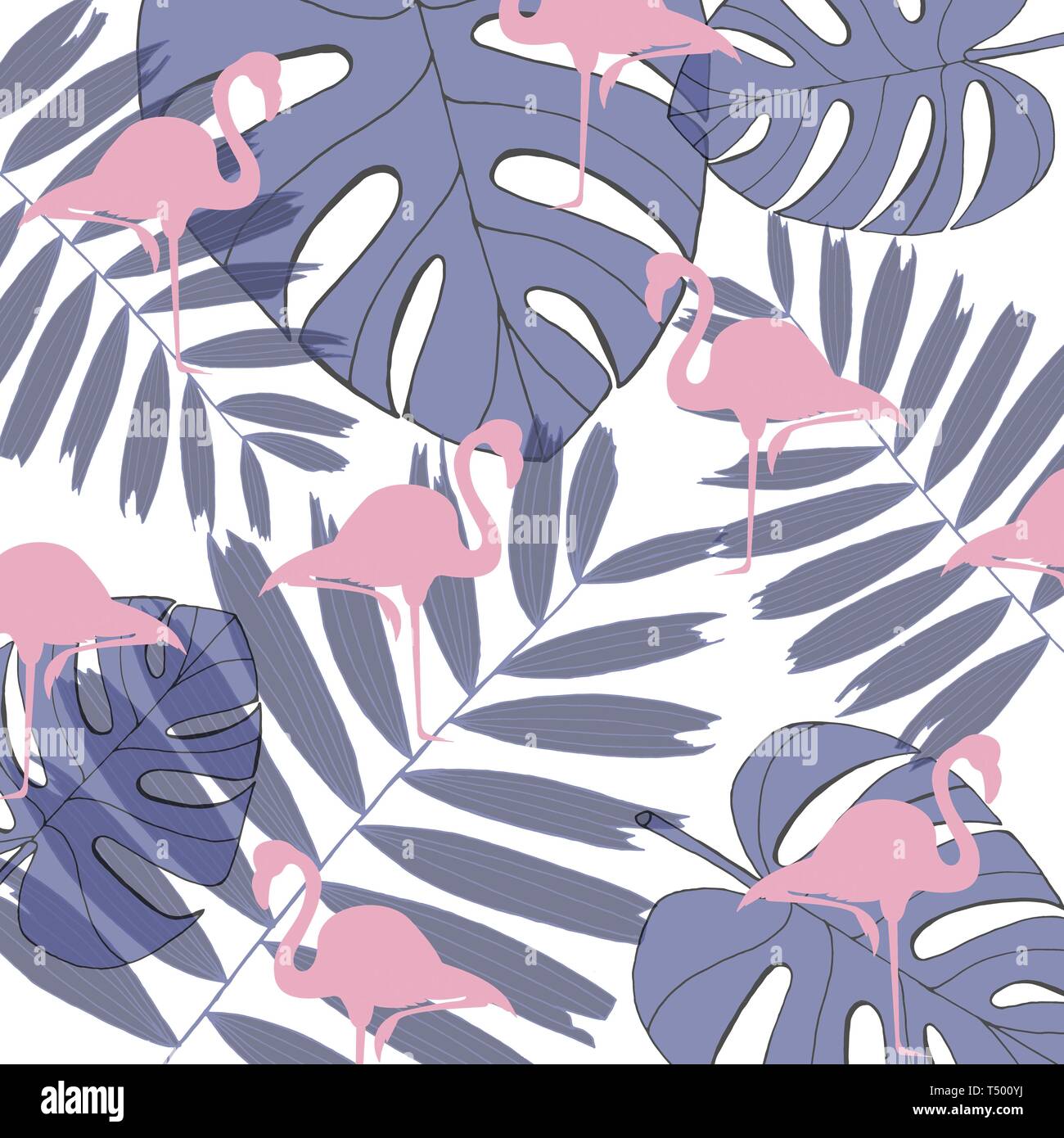 Tropical trendy pattern with pink flamingos and mint green palm leaves ...