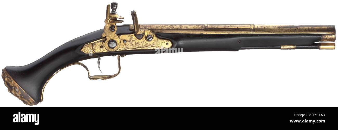 A splendid flintlock pistol, in the style of Felix Werder, Zurich, circa 1660. Fire-gilt bronze barrel with three-stage profile, octagonal then hexadecagonal then round. Slightly shortened barrel, the smooth bore in 13 mm calibre with a slightly sagged axle. At the breech fine hunting-themed engravings amid tendrils. Lined vent hole. The lock made from fire-gilt bronze with iron screws and mechanism. The lockplate with engraved depiction of a horseman in front of a city scene, the hammer decorated with mythical creatures. Gilt bronze furniture in, Additional-Rights-Clearance-Info-Not-Available Stock Photo