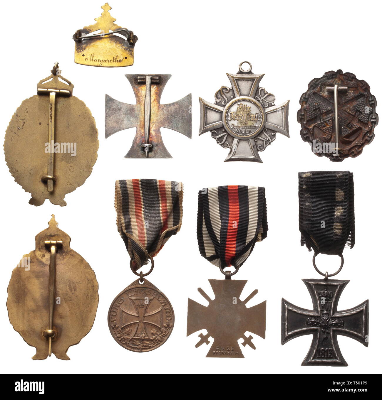 A naval flyer's group - orders and photo albums. Two Badges for a Naval Seaplane Pilot, one in gilt non-ferrous metal, solid issue with perforate crown, the wide attachment pin with maker's mark 'H. Schaper', additional eyelets above, weight 47.0 g, dimensions 46.5 x 72.2 cm. The second Badge as previous, with closed crown, no maker's mark, weight 42.5 g, dimensions 44.5 x 70.7 cm, instituted in May 1915 (Nie 1.01.24.3). Also, an Iron Cross 1st and 2nd Class of 1914 and four further decorations. A hollow metal crown made into a brooch with engraved name 'Margarethe'. Includ, Editorial-Use-Only Stock Photo