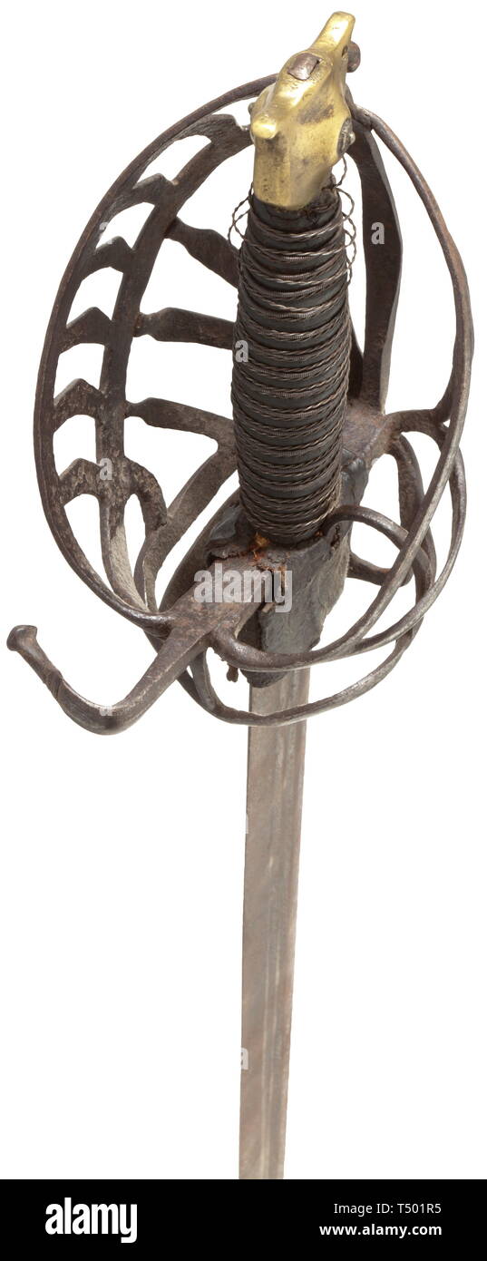 A Venetian schiavona, 1st half of 17th century. Broad slashing blade, the double fullers struck with two smith's marks on the obverse. Typical iron basket hilt with a decorative pattern of lines and pierced rain guard made of leather on the obverse. Leather-covered grip with wire winding, small brass cat's head pommel. Length 107 cm. historic, historical, sword, swords, weapons, arms, weapon, arm, fighting device, military, militaria, object, objects, stills, clipping, clippings, cut out, cut-out, cut-outs, melee weapon, melee weapons, metal, 17t, Additional-Rights-Clearance-Info-Not-Available Stock Photo