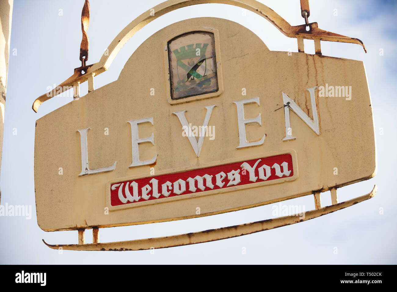 sign on the outskirts of Leven Fife Scotland Stock Photo Alamy