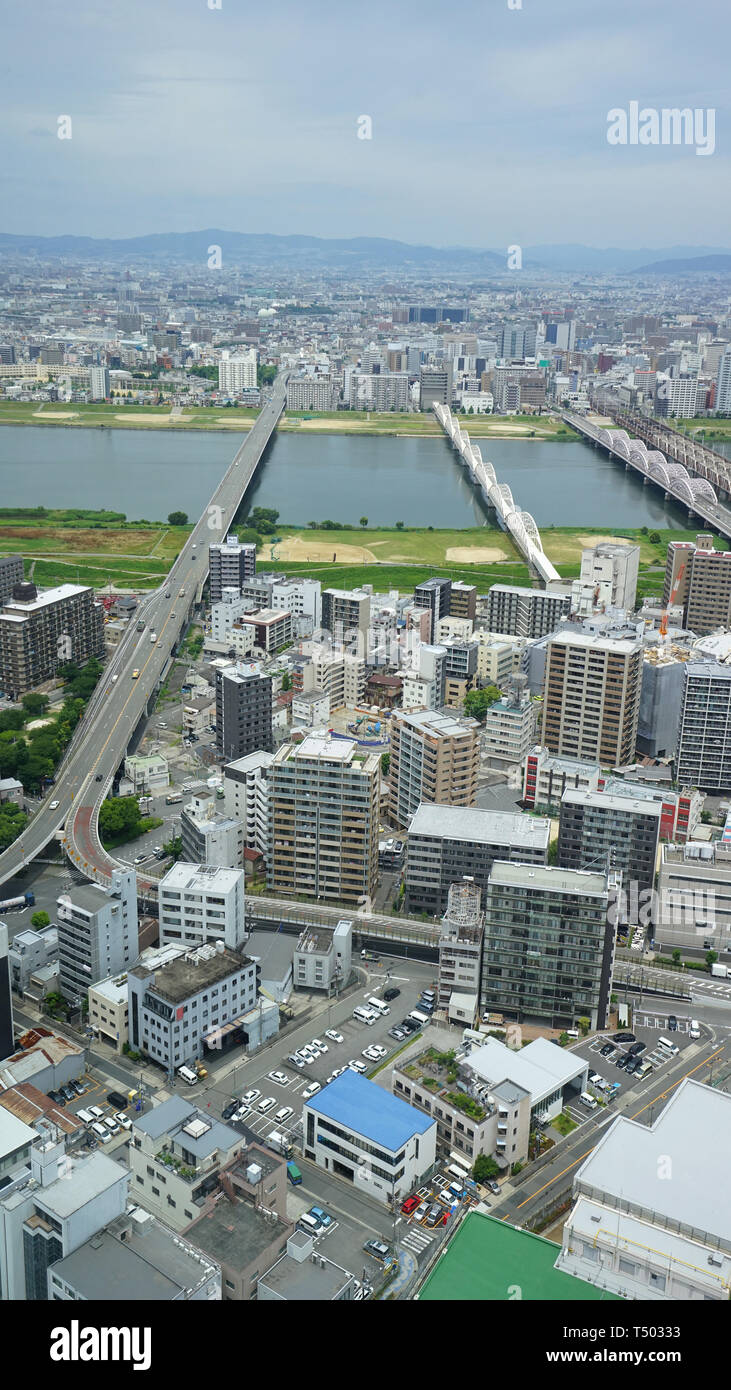 Japan Osaka cityscape, commercial and residential building, road aerial view Stock Photo