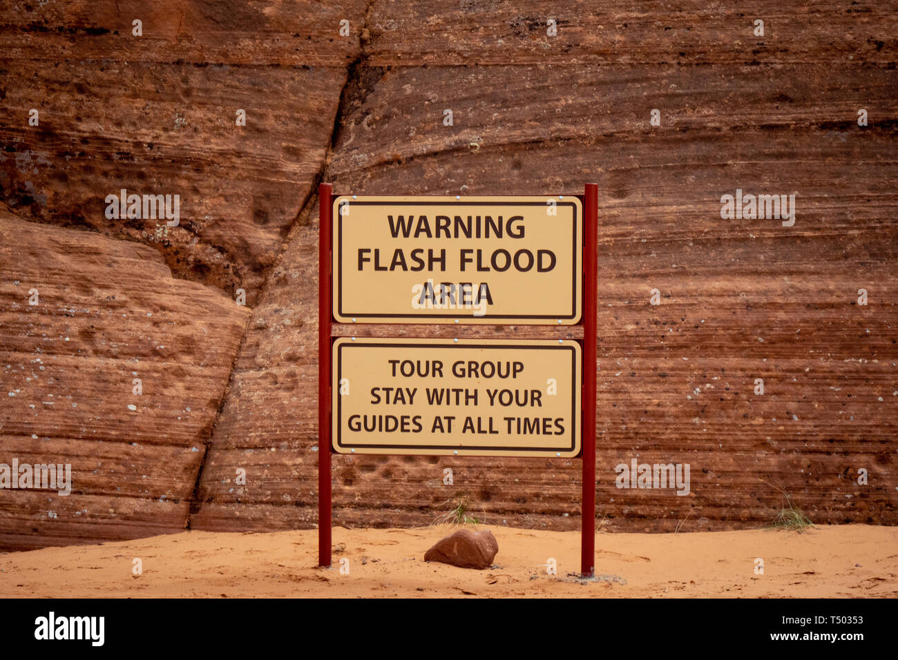 Floof Warning sign at Upper Antelope Canyon - PAGE, USA - MARCH 29, 2019 Stock Photo