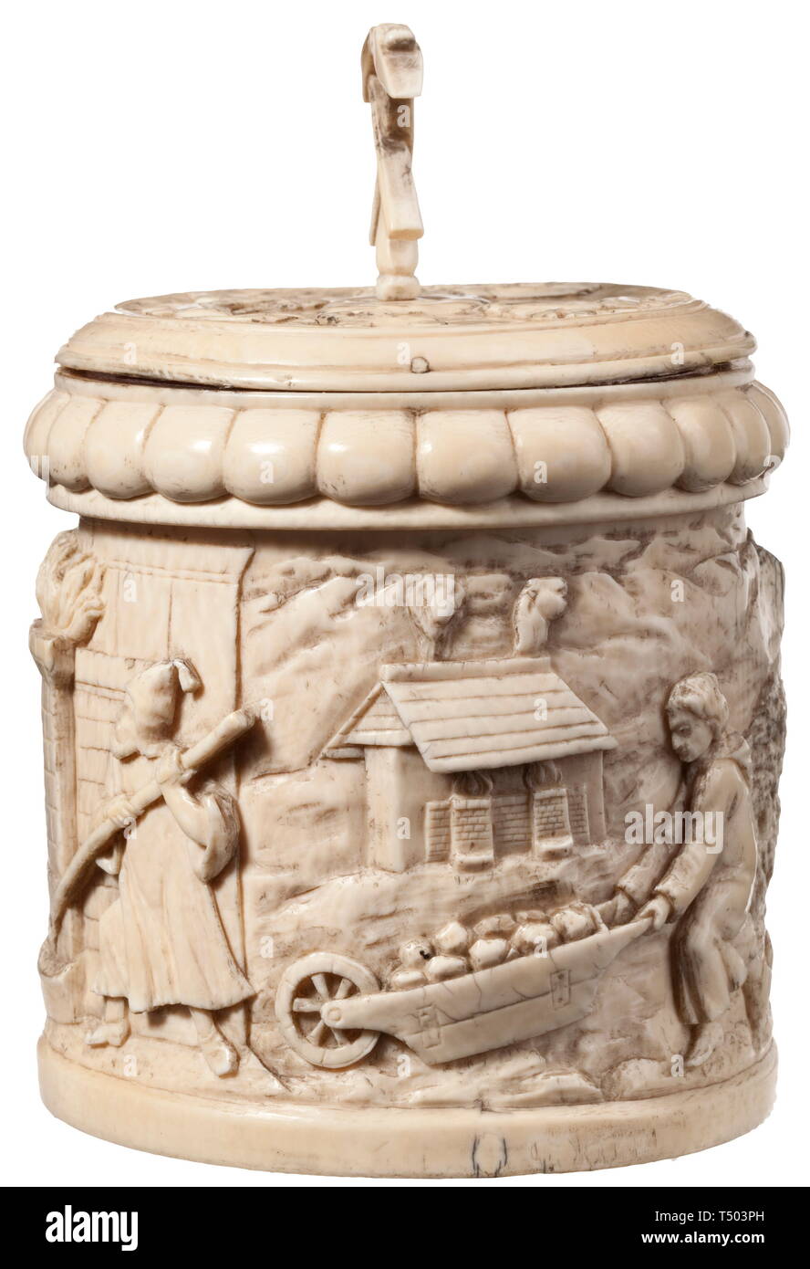 A Saxon ivory box with mining scenes , 1st half of the 18th century. The oval body carved with decorations in high relief. The exterior depicting the entrance of a mining tunnel with miners, transporting the ore in carts and crates. On the opposite side a furnace with tapping smeltery workers. The lid showing four miners with ore cars, the pommel in the shape of two crossed club hammers. Height 13.5 cm. historic, historical, handicrafts, handcraft, craft, object, objects, stills, clipping, clippings, cut out, cut-out, cut-outs, 18th century, Additional-Rights-Clearance-Info-Not-Available Stock Photo