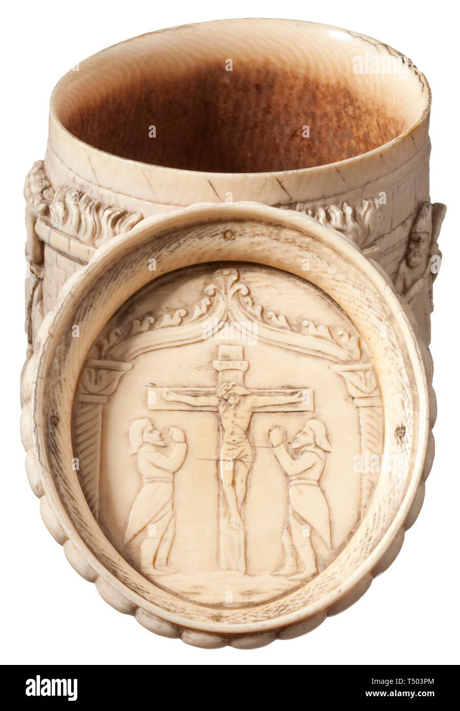 A Saxon ivory box with mining scenes , 1st half of the 18th century. The oval body carved with decorations in high relief. The exterior depicting the entrance of a mining tunnel with miners, transporting the ore in carts and crates. On the opposite side a furnace with tapping smeltery workers. The lid showing four miners with ore cars, the pommel in the shape of two crossed club hammers. Height 13.5 cm. historic, historical, handicrafts, handcraft, craft, object, objects, stills, clipping, clippings, cut out, cut-out, cut-outs, 18th century, Additional-Rights-Clearance-Info-Not-Available Stock Photo