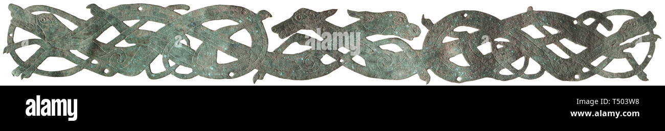 A Viking braid fitting, 8th/9th century. Bronze with green patina. Openwork fitting shaped like four intertwined monsters and engraved on the front side. Several holes for fixation on the perimeter of the rim. Width 28 cm. Provenance: Dutch private collection, 1960s - 1990s. historic, historical, ancient world, Additional-Rights-Clearance-Info-Not-Available Stock Photo