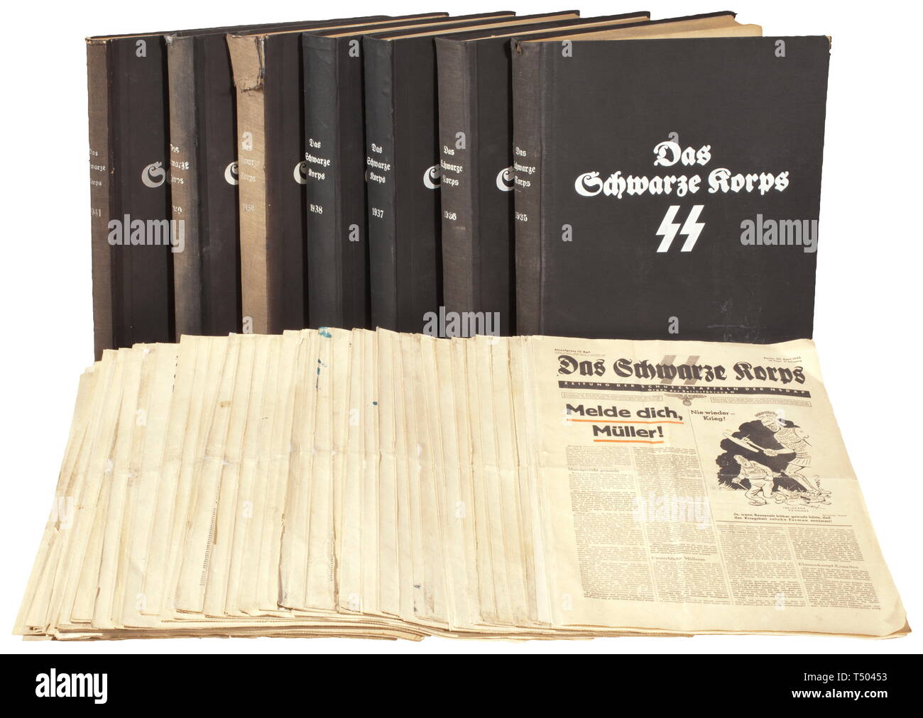 Seven volumes of 'Das Schwarze Korps'. The newspaper of the Schutzstaffeln of the NSDAP, organ of the SS Reich leadership, Eher Verlag, Niederlassung Berlin 1935 - 1941. In black linen covers with contemporary titles printed in white. Also including ca. 70 single issues 1942 - 1945. Not checked for completeness, damaged in places, age marks. Dimensions ca. 32.5 x 47 cm. Rare. historic, historical, 20th century, 1930s, 1940s, Waffen-SS, armed division of the SS, armed service, armed services, NS, National Socialism, Nazism, Third Reich, German Reich, Germany, military, milit, Editorial-Use-Only Stock Photo