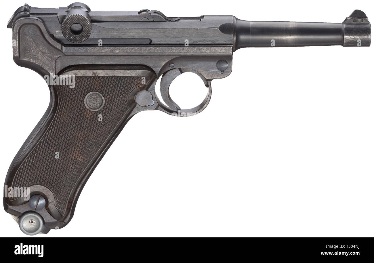 A pistol 08 DDR 'Spezielle Produktion', cal. 9 mm Parabellum, no. 7962. Matching numbers except for bolt catch and safety. No numbers on toggle link. Bright bore. Proof-marked crown/'N', crown/'U', Suhl final proof mark and Vopo star/'8' for the district of Halle. Grip frame without slot for detachable stock. No inscriptions at all. Coarse manufacture of all parts, except for bolt catch and safety, indicates own production at VEB Ernst Thälmann. Plastic grip panels marbled black-brown. Milled magazine coded '2/1001', with diecasting base without , Additional-Rights-Clearance-Info-Not-Available Stock Photo