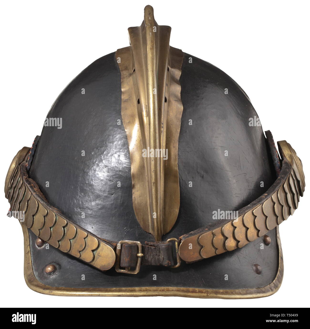 A 'Detaille' experimental helmet of the infantry M 13. Pressed leather skull with brass comb, brass trim and chin scales with French cockades. Inner liner of black leather. A very rare helmet in good condition. historic, historical, 20th century, Europe, Additional-Rights-Clearance-Info-Not-Available Stock Photo