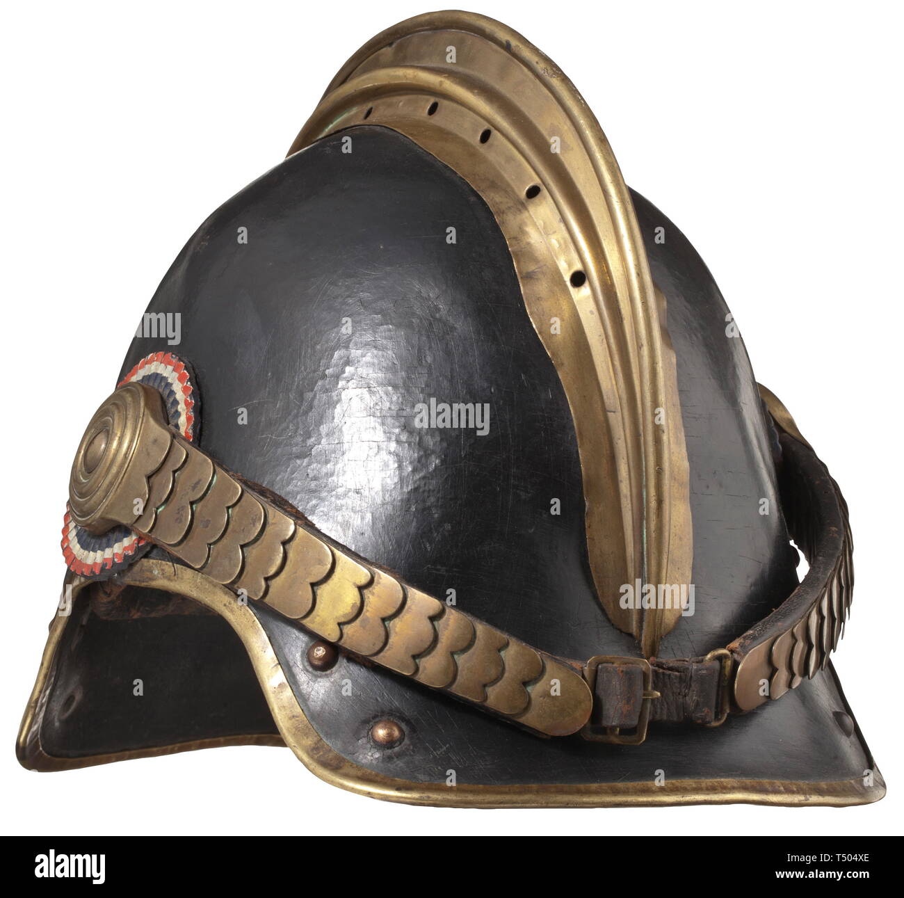 A 'Detaille' experimental helmet of the infantry M 13. Pressed leather skull with brass comb, brass trim and chin scales with French cockades. Inner liner of black leather. A very rare helmet in good condition. historic, historical, 20th century, Europe, Additional-Rights-Clearance-Info-Not-Available Stock Photo