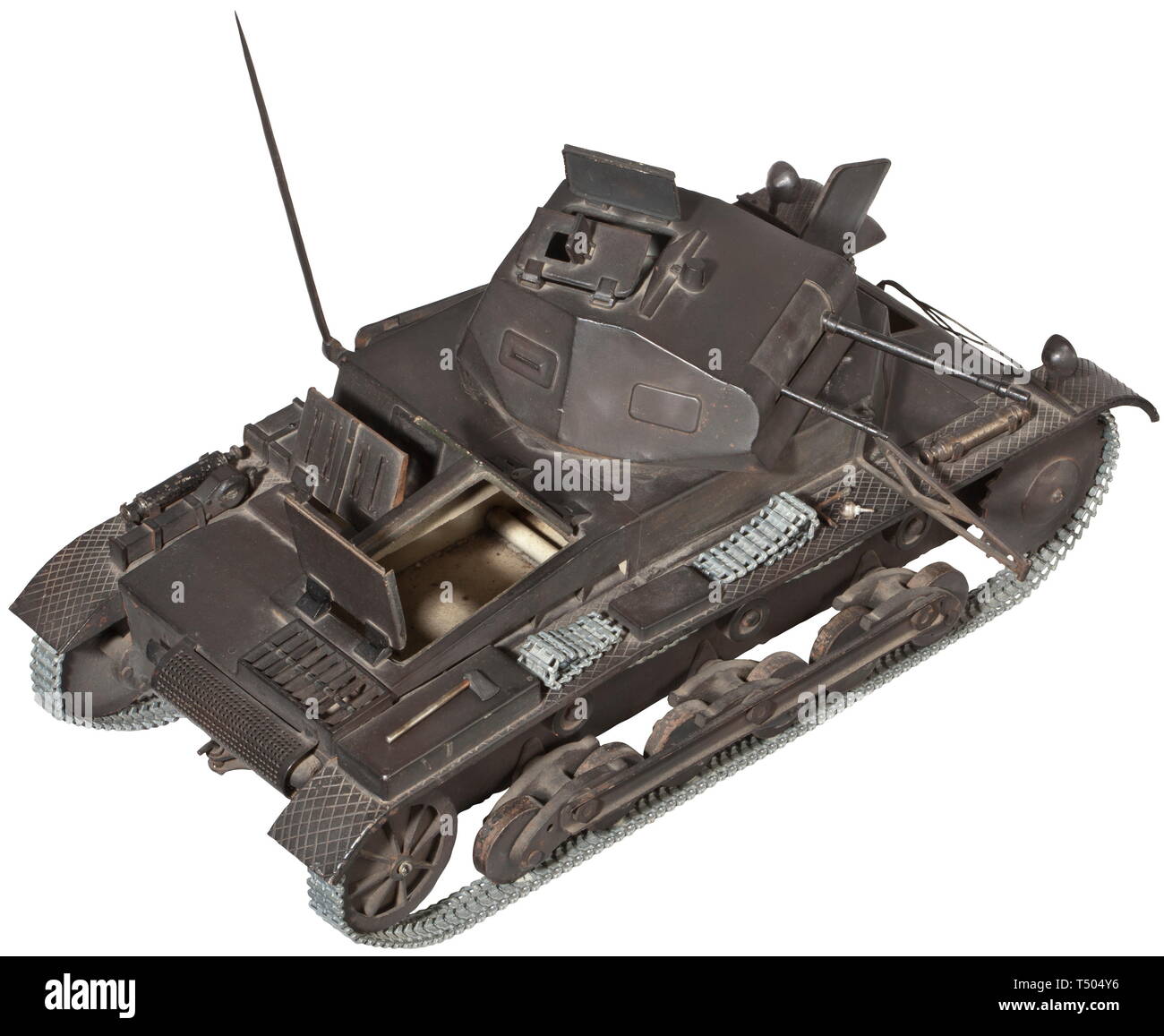 A model of a Panzerkampfwagen II Detailed workmanship, probably for instructional use in a training unit. Black-painted steel, welded hull, movable running gear, rotatable turret, movable MG and automatic cannon, foldable antenna, collapsible hatches, tow cable, spare chain links, axe. Without motor, the chain supplemented, age marks. Dimensions 60 x 26.5 x 26.5 cm. Very rare. historic, historical, 20th century, armoured corps, armored corps, tank force, tank forces, branch of service, branches of service, armed service, armed services, military, militaria, utensil, piece o, Editorial-Use-Only Stock Photo
