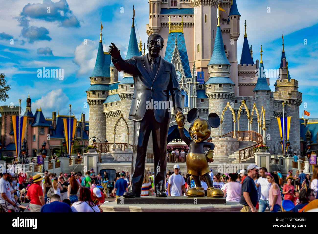 Orlando, Florida. April 02, 2019. View of Partners Statue This statue of Walt Disney and Mickey Mouse  is positioned in front of Cinderella Castle in Stock Photo