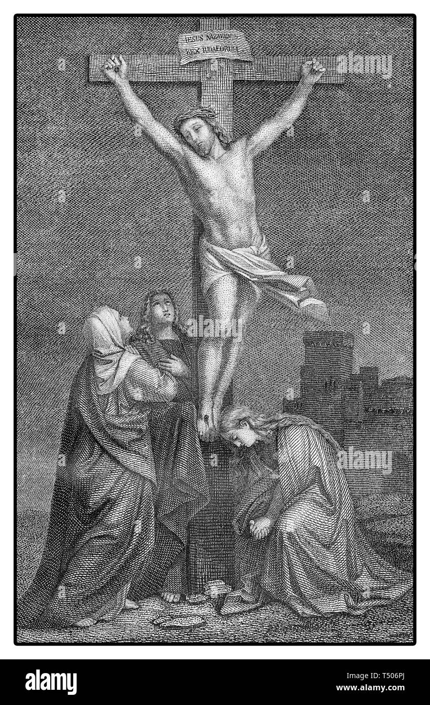 Engraving describing in hagiographic form the scene of the crucifixion of the Christ with the Holy mother and Mary Magdalene at the foot of the cross. Stock Photo