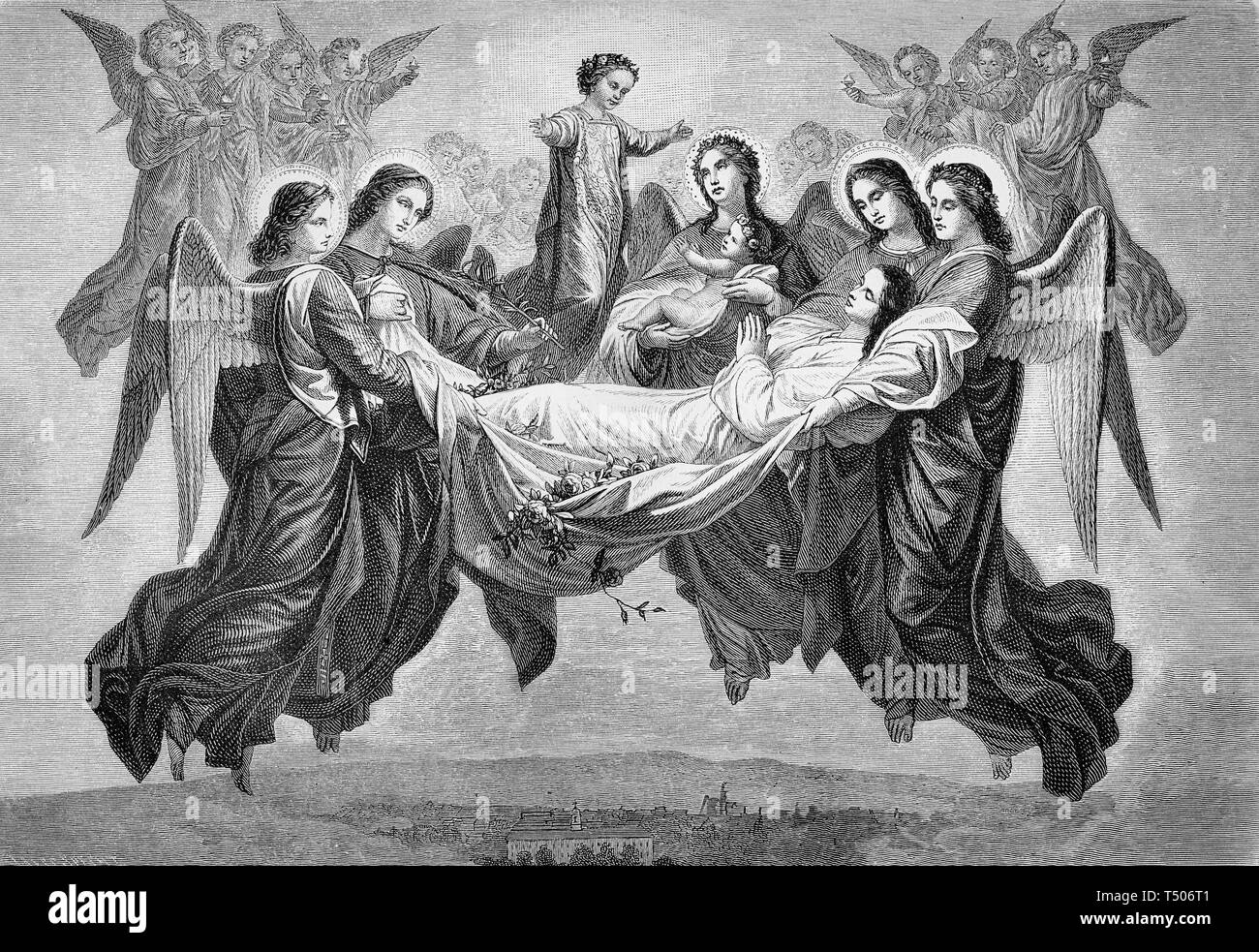 The transfiguration of a dead mother in heaven with angels, Holy Mary and Jesus child Stock Photo