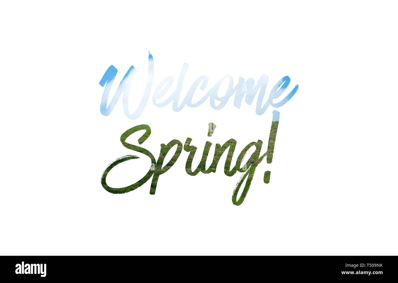 Welcome spring text isolated on white background. Hill and blue sky in ...