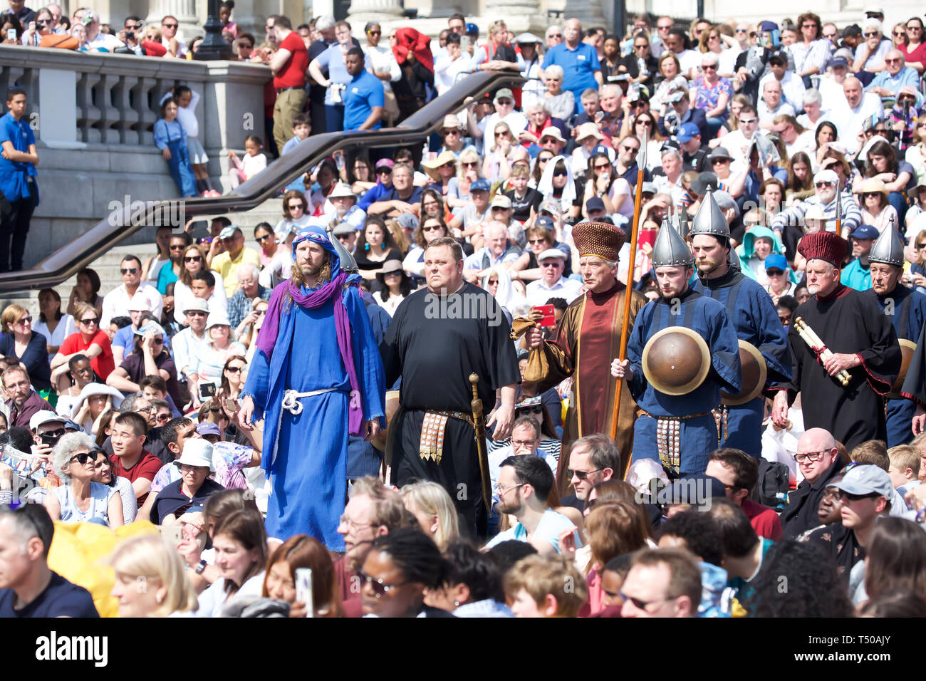 London, UK. 19th Apr, 2019. The Passion of Jesus took place in Trafalgar Square in glorious sunshine. Large crowds enjoyed a free performance with over 100 actors and volunteers from the Wintershall Players which commemorates the day Jesus is believed to have been arrested, tried and crucified. Credit: Keith Larby/Alamy Live News Stock Photo
