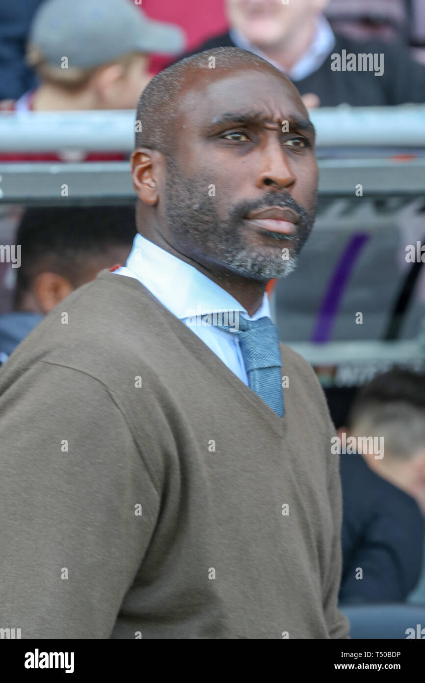 Northampton, UK. 19th Apr 2019. Macclesfield Town's manager Sol Campbell before the Sky Bet League 2 match between Northampton Town and Macclesfield Town at the PTS Academy Stadium, Northampton on Friday 19th April 2019.   No use in betting, games or a single club/league/player publications.  May not be used for publications involving 1 player, 1 club or 1 competition without written authorisation from Football Data Co Ltd. Credit: MI News & Sport /Alamy Live News Stock Photo