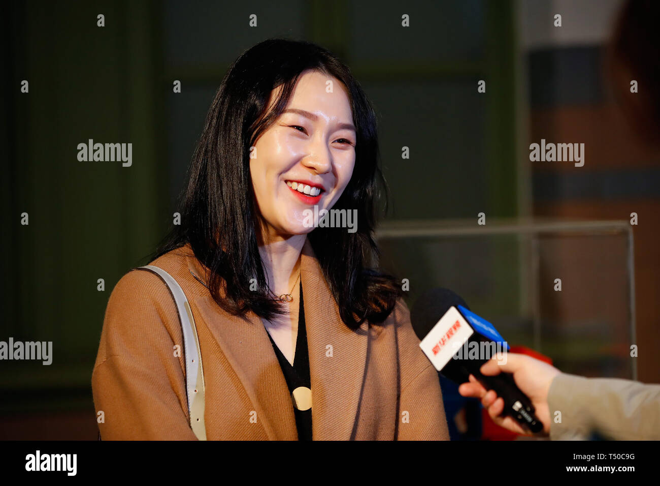 Seoul, South Korea. 2nd Apr, 2019. Kim Dong-yeon, a South Korean graduate student, attends an interview at a DMZ exhibition in the Culture Station Seoul 284 in Seoul, South Korea, April 2, 2019. TO GO WITH Spotlight: DMZ exhibition in S. Korea depicts transition, imagines future on Korean Peninsula Credit: Wang Jingqiang/Xinhua/Alamy Live News Stock Photo
