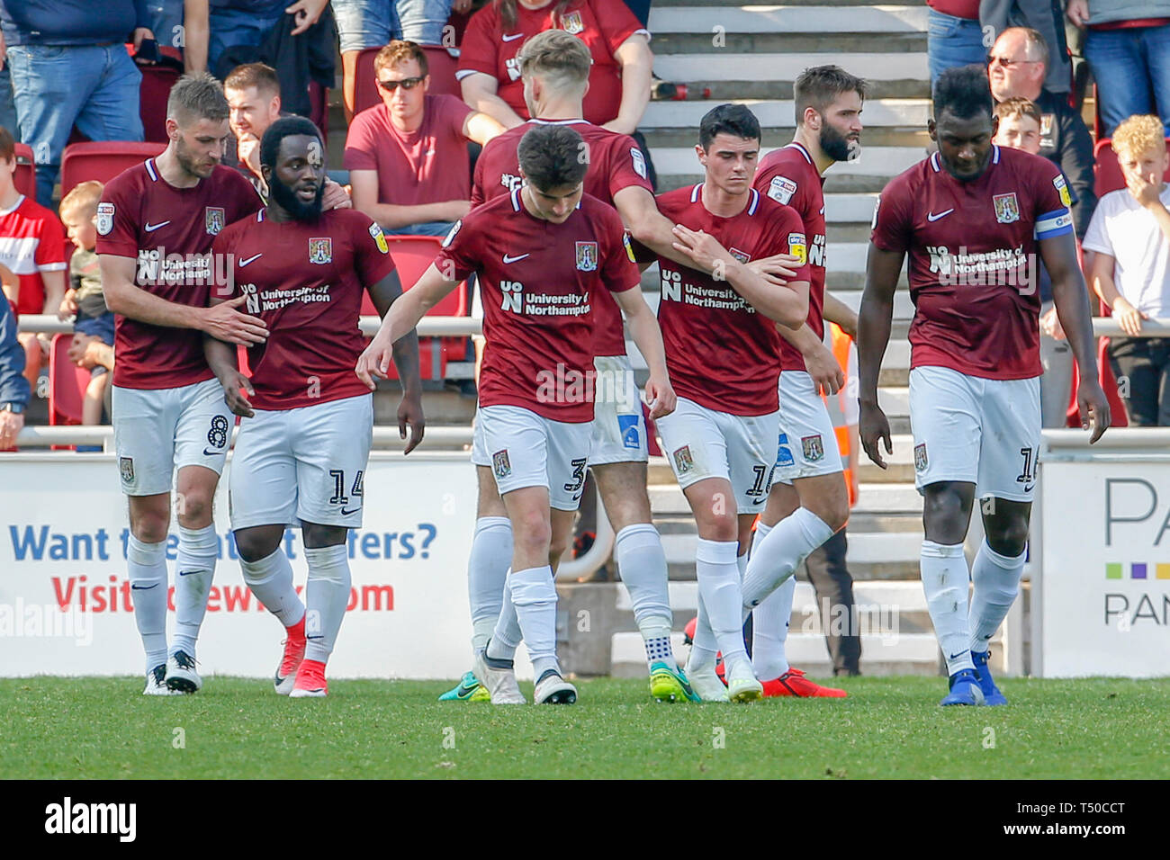 Northampton, UK. 19th Apr 2019.  Junior Morias celebrates after scoring for Northampton Town, to extend their lead making it 3 - 1 against Macclesfield Town, during the Sky Bet League 2 match between Northampton Town and Macclesfield Town at the PTS Academy Stadium, Northampton on Friday 19th April 2019.    No use in betting, games or a single club/league/player publications. Photograph may only be used for newspaper and/or magazine editorial purposes. Credit: MI News & Sport /Alamy Live News Stock Photo