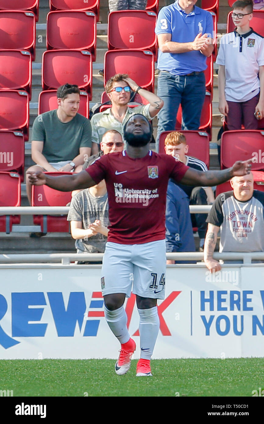 Northampton, UK. 19th Apr 2019.  Junior Morias celebrates after scoring for Northampton Town, to extend their lead making it 3 - 1 against Macclesfield Town, during the Sky Bet League 2 match between Northampton Town and Macclesfield Town at the PTS Academy Stadium, Northampton on Friday 19th April 2019.    No use in betting, games or a single club/league/player publications. Photograph may only be used for newspaper and/or magazine editorial purposes. Credit: MI News & Sport /Alamy Live News Stock Photo
