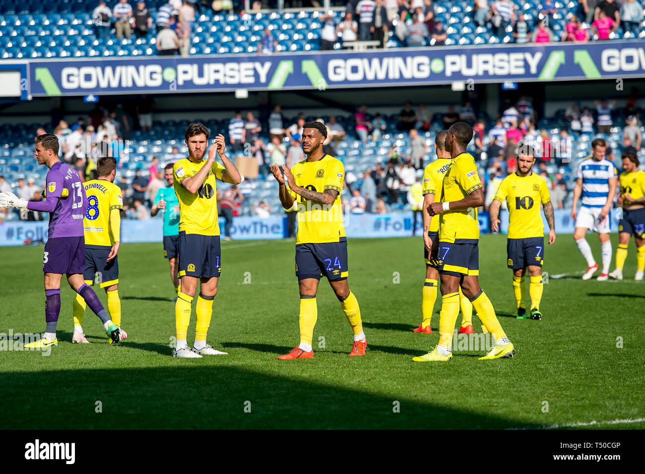 London, UK. 19th Apr, 2019. Blackburn players celebrate their side victory with the travelling supporters during the EFL Sky Bet Championship match between Queens Park Rangers and Blackburn Rovers at the Loftus Road Stadium, London, England on 19 April 2019. Photo by Salvio Calabrese. Editorial use only, license required for commercial use. No use in betting, games or a single club/league/player publications. Credit: UK Sports Pics Ltd/Alamy Live News Stock Photo