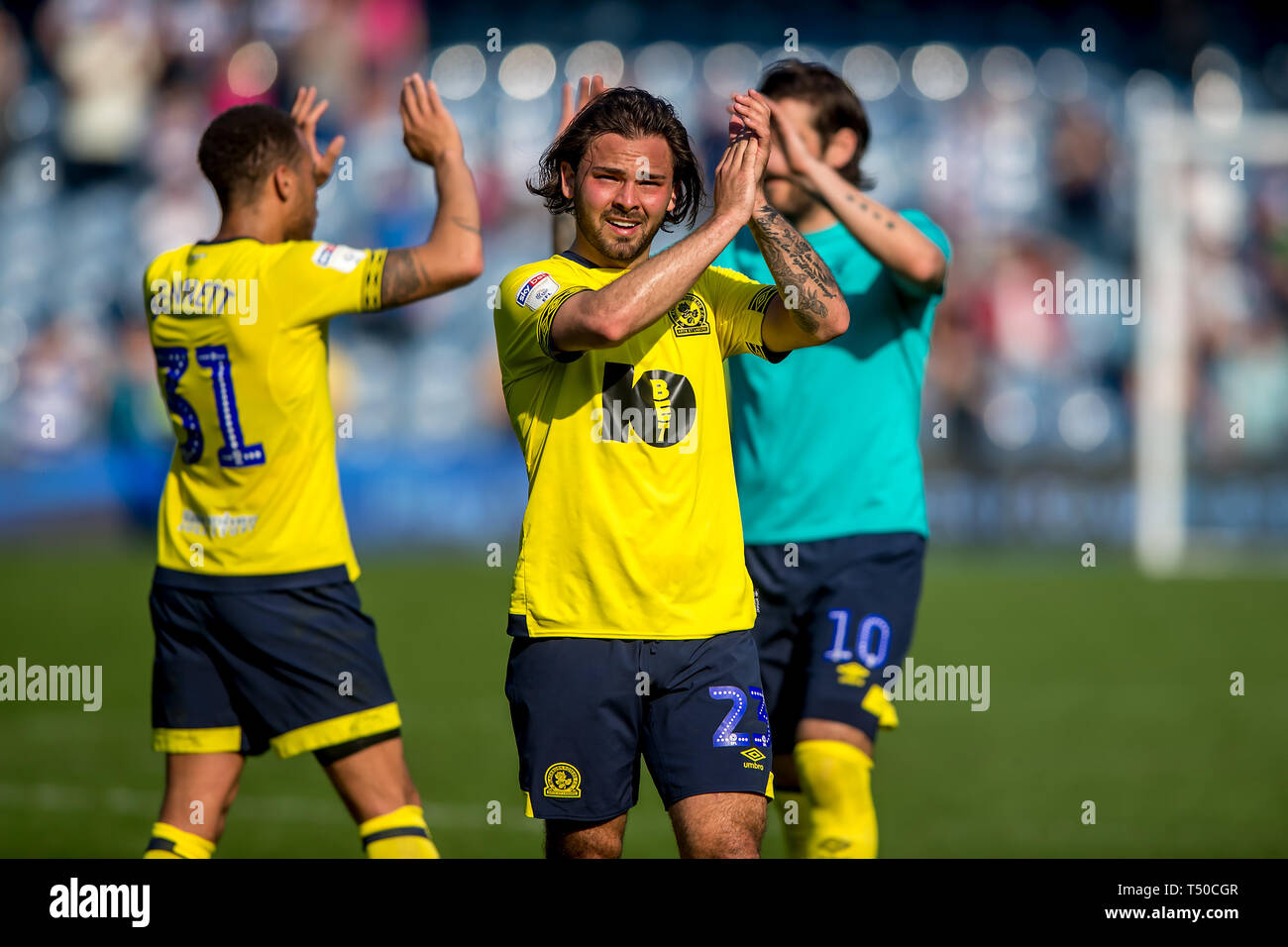 London, UK. 19th Apr, 2019. Bradley Dack of Blackburn Rovers applauds the visiting supporters during the EFL Sky Bet Championship match between Queens Park Rangers and Blackburn Rovers at the Loftus Road Stadium, London, England on 19 April 2019. Photo by Salvio Calabrese. Editorial use only, license required for commercial use. No use in betting, games or a single club/league/player publications. Credit: UK Sports Pics Ltd/Alamy Live News Stock Photo