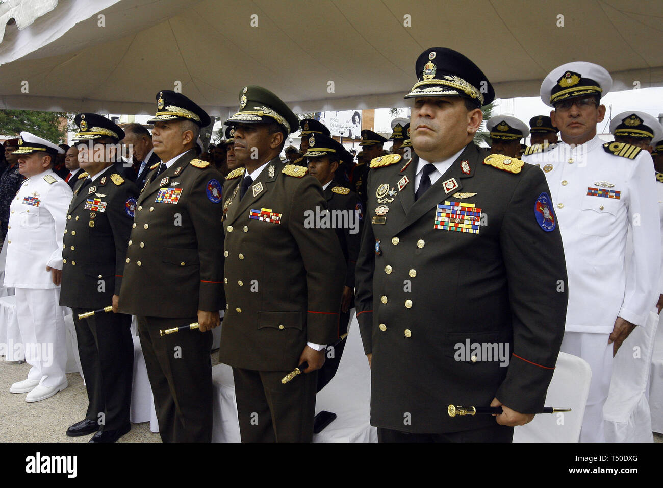 Valencia, Carabobo, Venezuela. 19th Apr, 2019. April 19, 2019. Members of the military high command in the Carabobo state, participate in the official acts of commemoration of the 209 years of the signing of the act of independence of Venezuela for the then Spanish domain. The events took place in the Bolivar square, in the city of Valencia, carabobo state. Photo: Juan Carlos Hernandez Credit: Juan Carlos Hernandez/ZUMA Wire/Alamy Live News Stock Photo