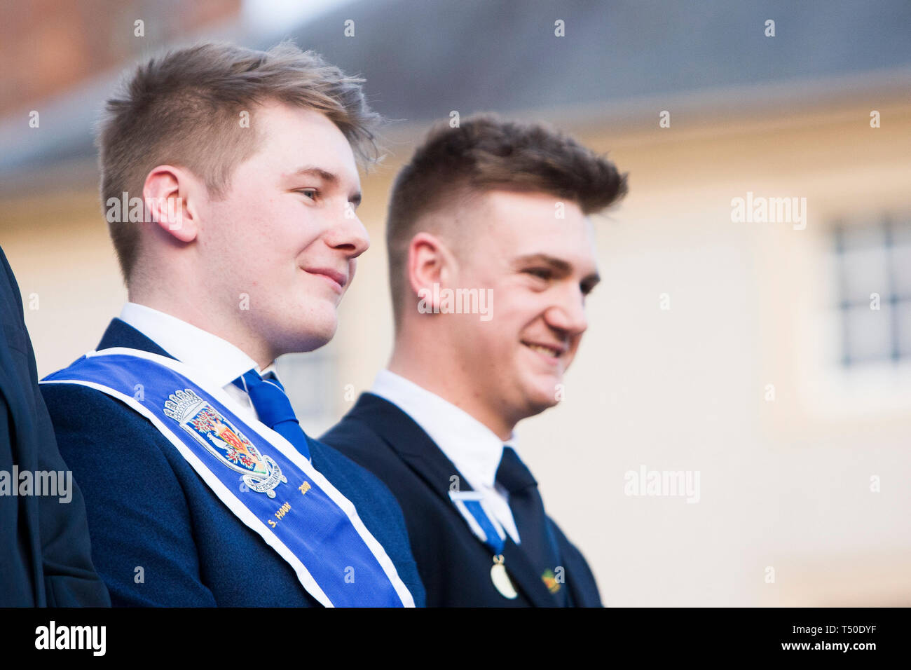 Kelso, Scottish Borders, UK. April 19 2019. The residents of Kelso gather in the town square to watch the announcement of Mark Henderson being named as the 2019 Kelso Laddie in Kelso Square on April 19 2019 in Kelso, UK. Credit: Scottish Borders Media/Alamy Live News Stock Photo