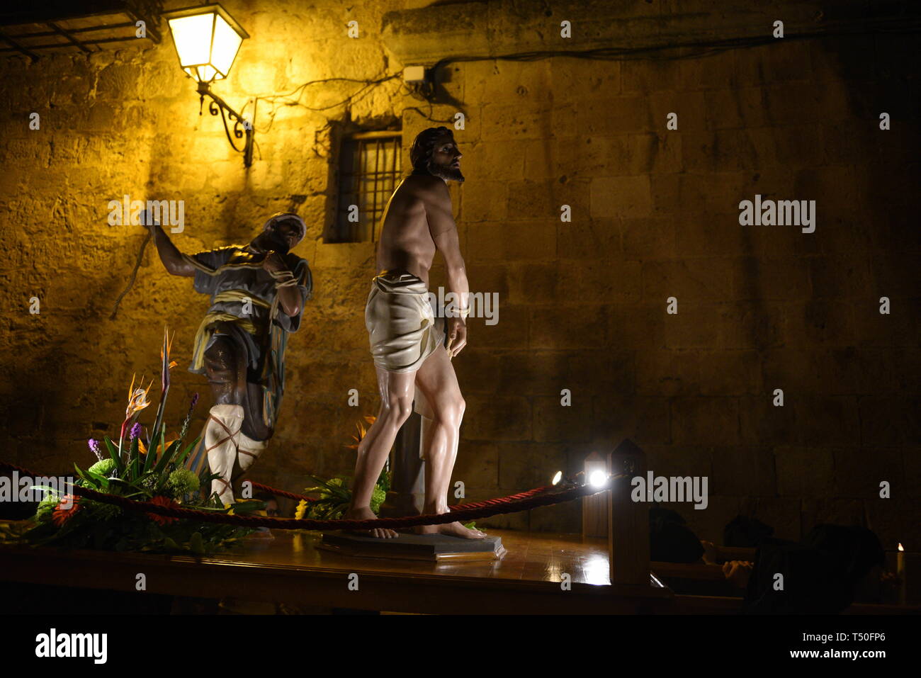 Almazan, Soria, Spain. 19th Apr 2019. A statue of Jesus Christ seen during the procession of 'Viernes Santo' (Good Friday) in Soria, north of Spain. Credit: John Milner/SOPA Images/ZUMA Wire/Alamy Live News Stock Photo