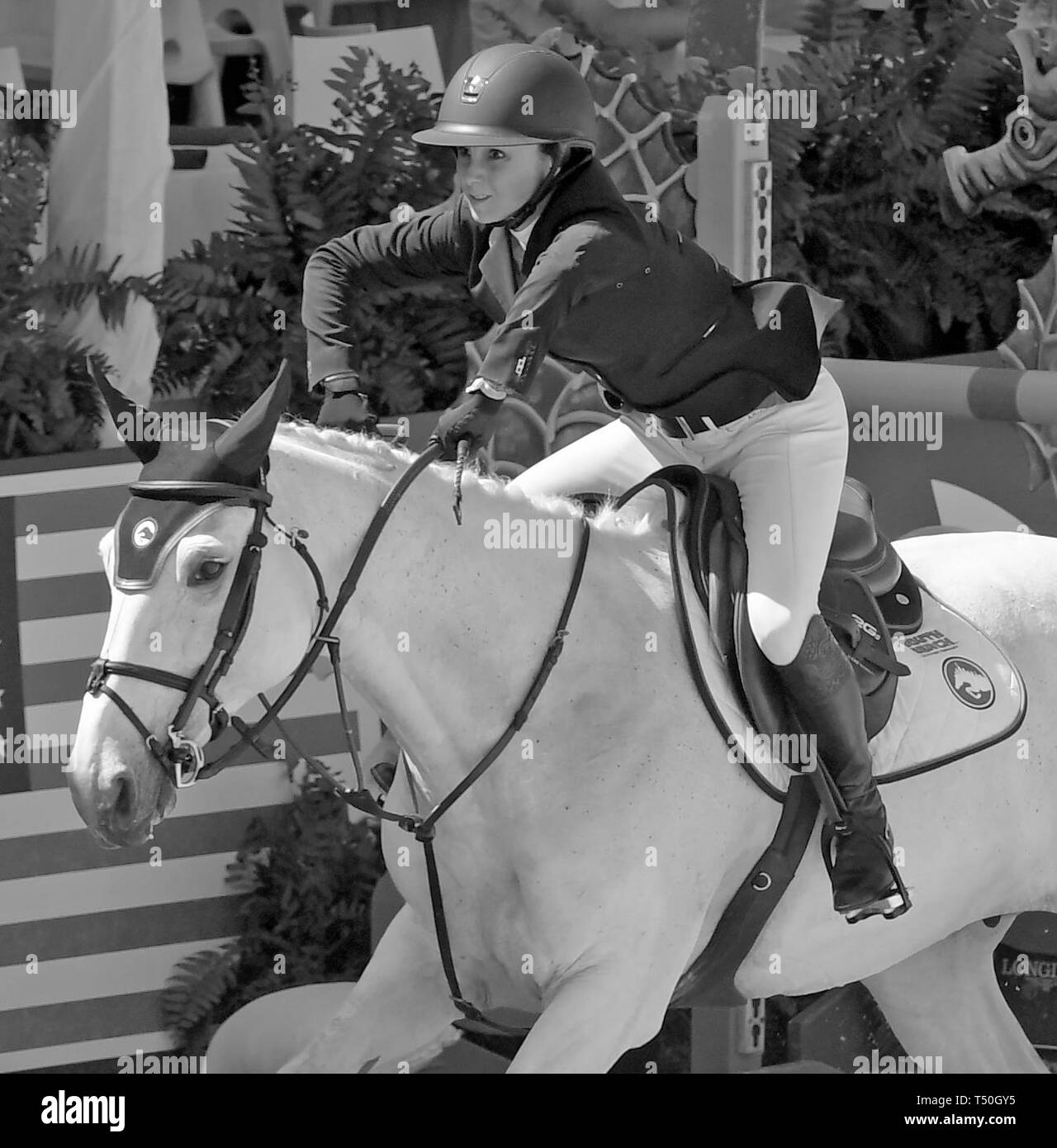 Miami Beach, Florida, USA. 19th Apr 2019. Georgina Bloomberg at the Longines Global Champions Tour stop in Miami Beach. Singer Bruce Springsteen's daughter Jessica Rae Springsteen and fellow riders Former Mayor of New York Michael Bloomberg's daughter Georgina Bloomberg as well as Bill Gates daughter Jennifer Gates were all in attendance on April 19, 2019 in Miami Beach, Florida   People:  Georgina Bloomberg Stock Photo