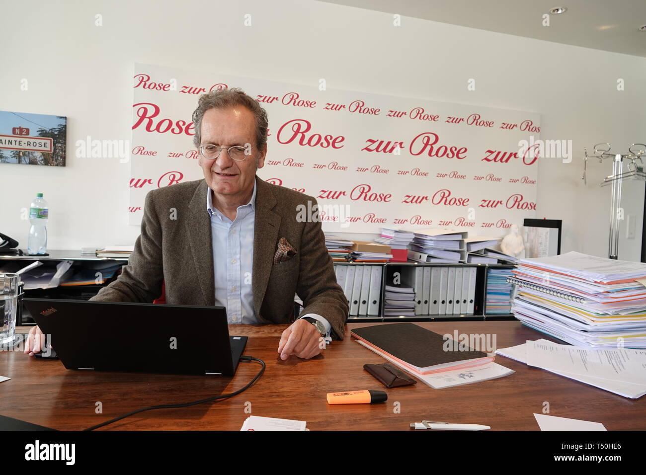 Frauenfeld, Switzerland. 08th Apr, 2019. Walter Oberhänsli, head of the  Swiss DocMorris mother Zur Rose, sits in the Zur Rose headquarters in his  office. (for dpa: "DocMorris scares the industry with a