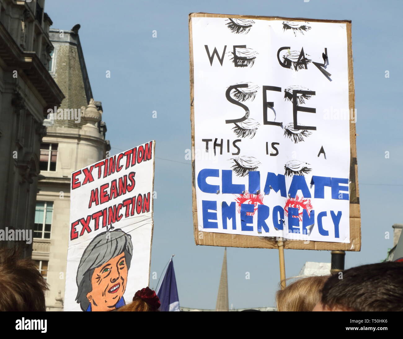 Climate placard seen during the demonstration. Environmental activists from Extinction Rebellion movement occupy London's Oxford Circus for a 5th day. Activists parked a pink boat in the middle of the busy Oxford Circus road junction blocking the streets and causing traffic chaos. Stock Photo