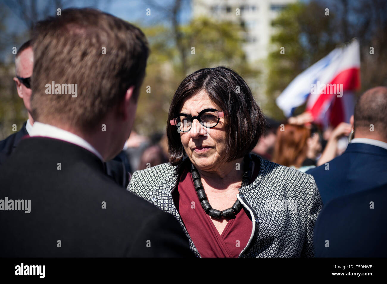 Anna Azari - the ambassador of Israel is seen during a ceremony to mark the 76th anniversary of the outbreak of the Warsaw Ghetto Uprising. As part of the ceremony alarm sirens were heard throughout the city to remember those who were murdered in the ghetto in 1943. The Warsaw ghetto uprising was a violent revolt that occurred from April 19 to May 16, 1943, during World War II. Residents of the Jewish ghetto in Nazi-occupied Warsaw, Poland, staged the armed revolt to prevent deportations to Nazi-run extermination camps. Stock Photo